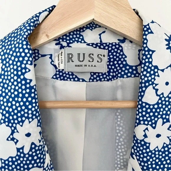 Vintage 80s Russ Union Made Lightweight Floral Blazer - Blue & White, Size 12 - Picture 6 of 15